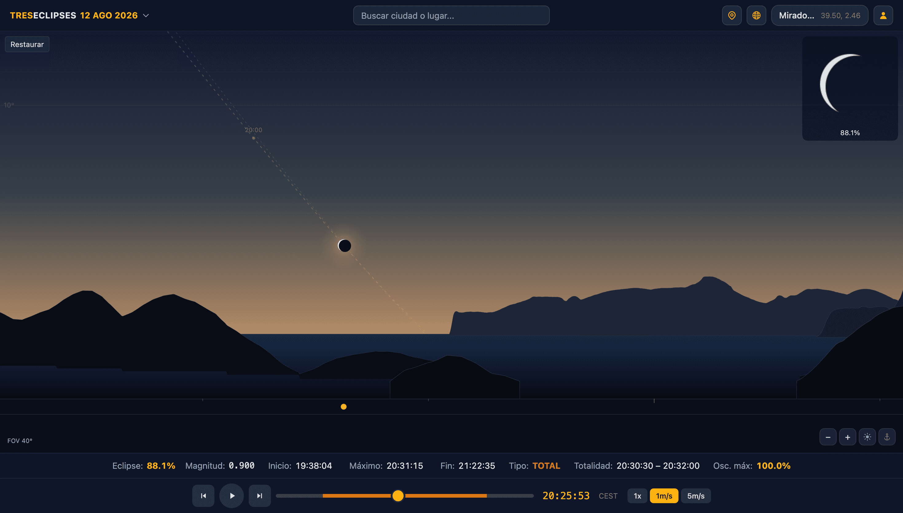 Detailed Pro Planner horizon with terrain relief and eclipse path