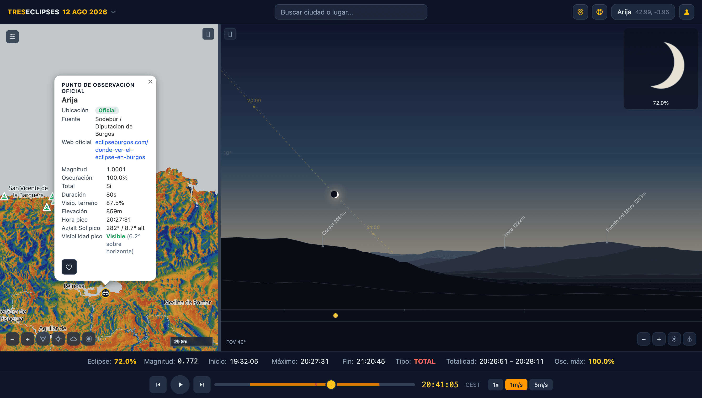 Pro Planner showing the detailed horizon from an official observing point