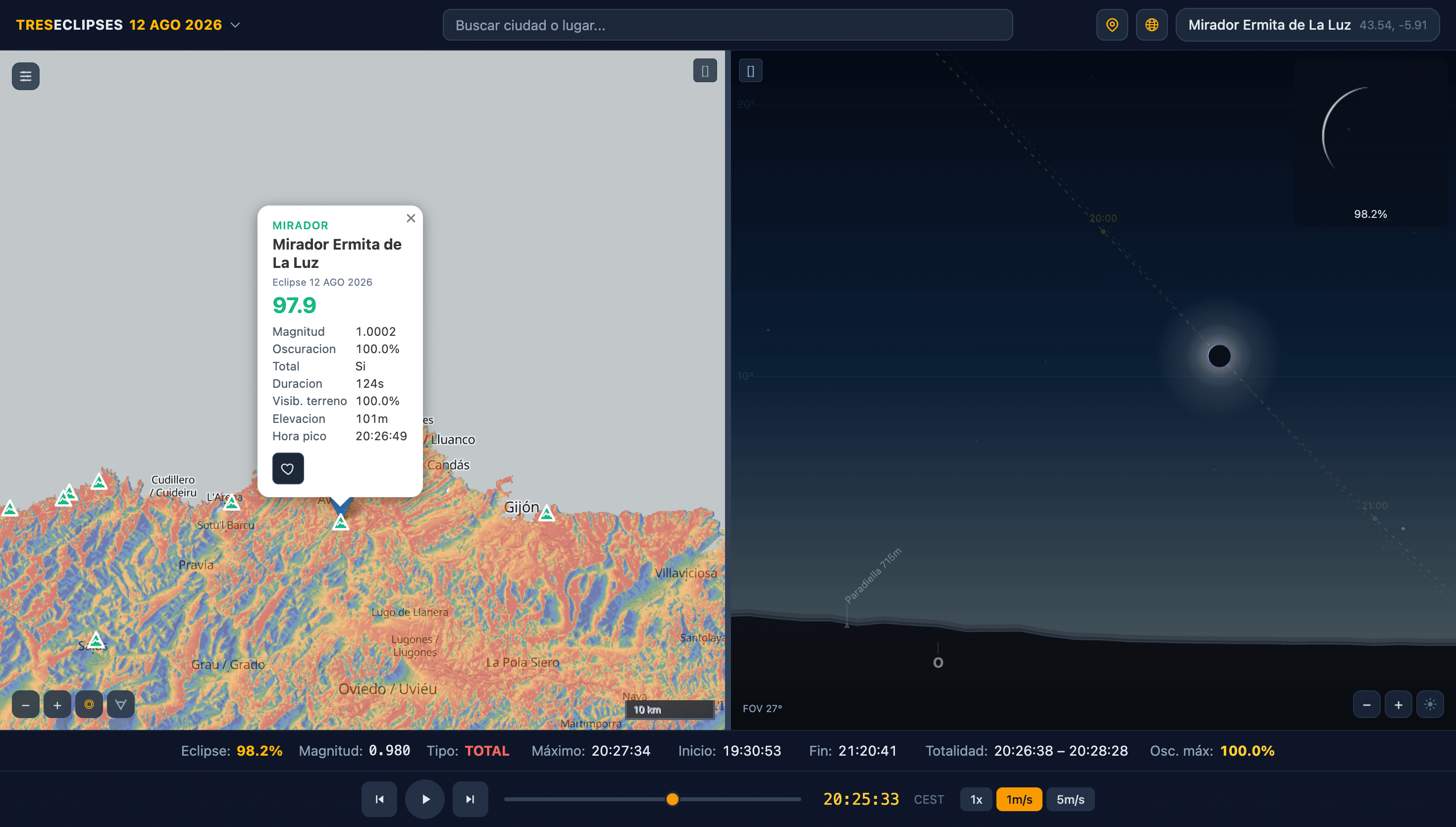 TresEclipses simulator showing the best viewpoints in an area with score and eclipse data