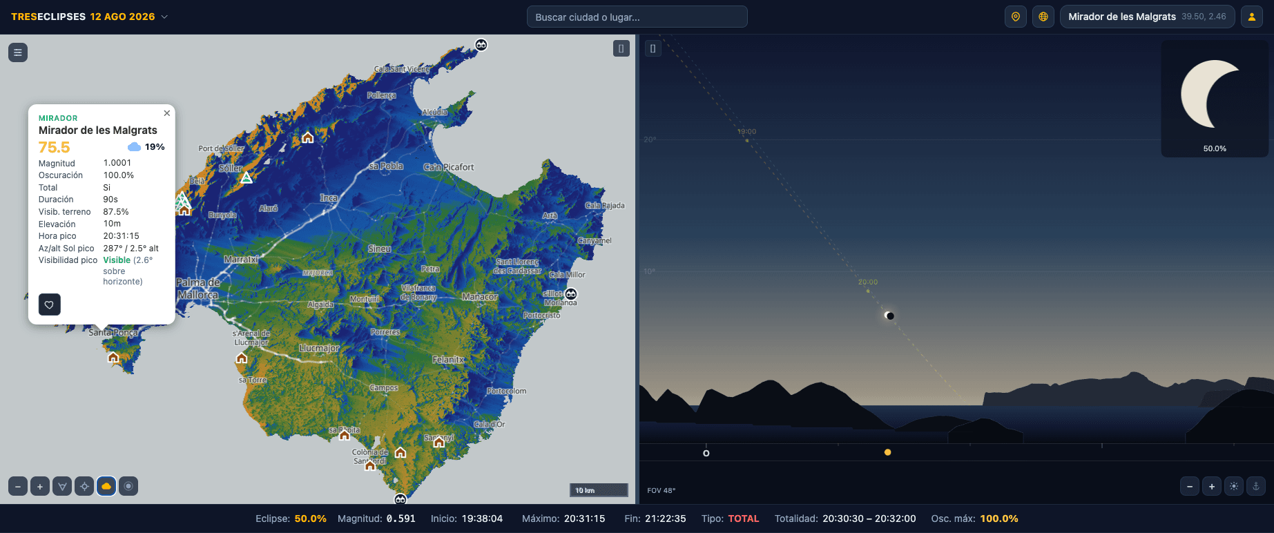 Pro Planner: visibility heatmap next to a real-horizon simulation from a viewpoint in Mallorca during the 2026 eclipse